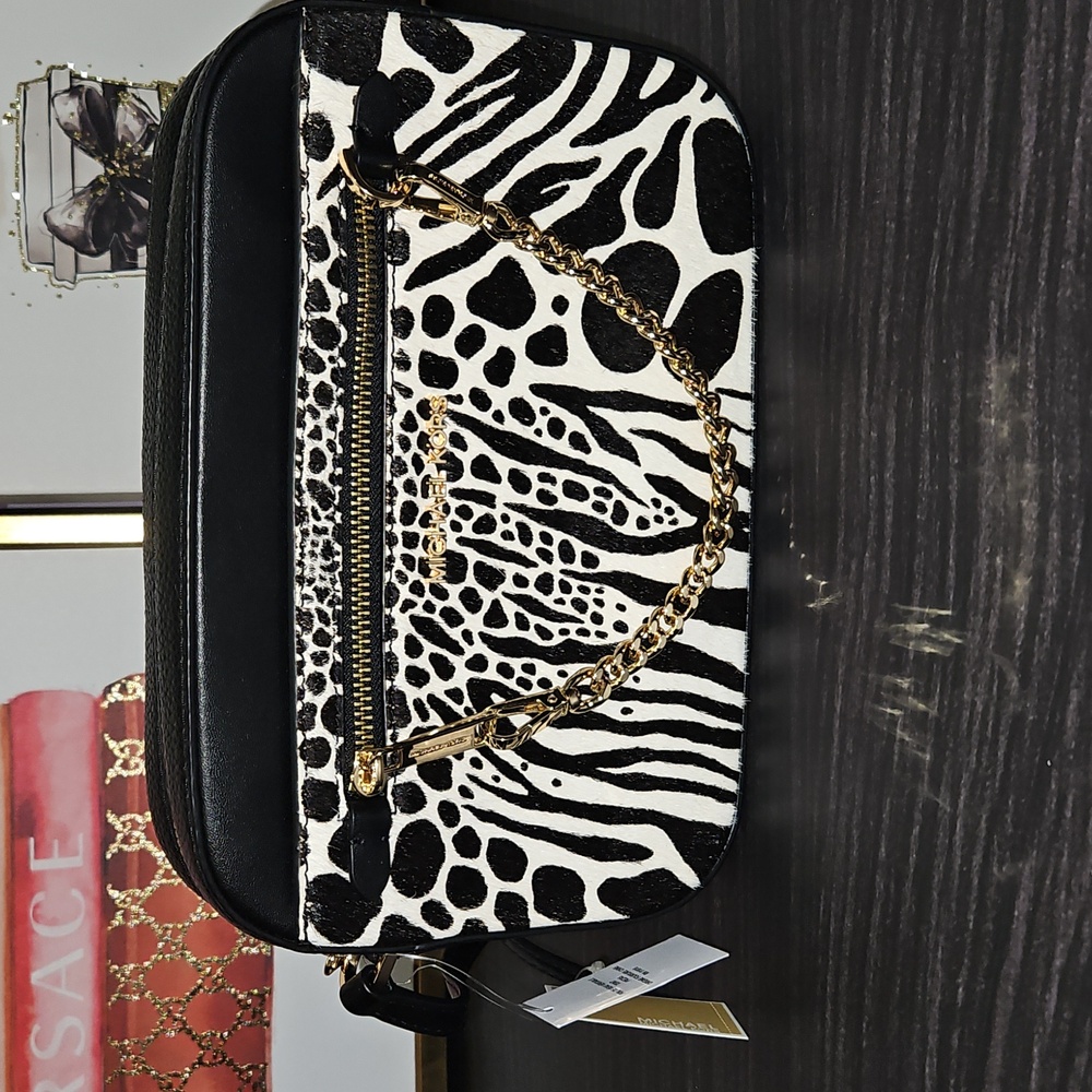 Michael Kors Black and White Zebra Print Crossbody Bag with Gold Chain - Picture 2 of 14